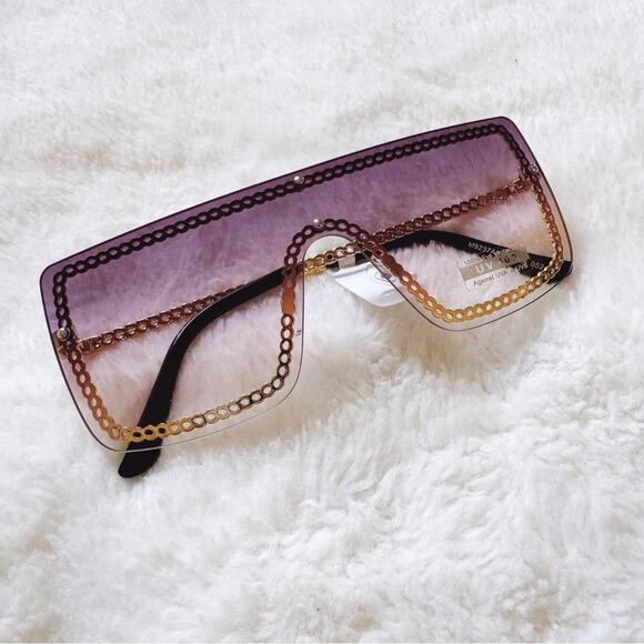 Christine Purple & Gold Chain Oversized Shield Sunglasses - Picture 3 of 11